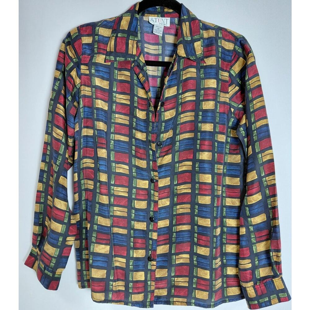 LR9 STUNT PETITE Silk Button-Up Shirt Graphic Print Long Sleeve Size PS